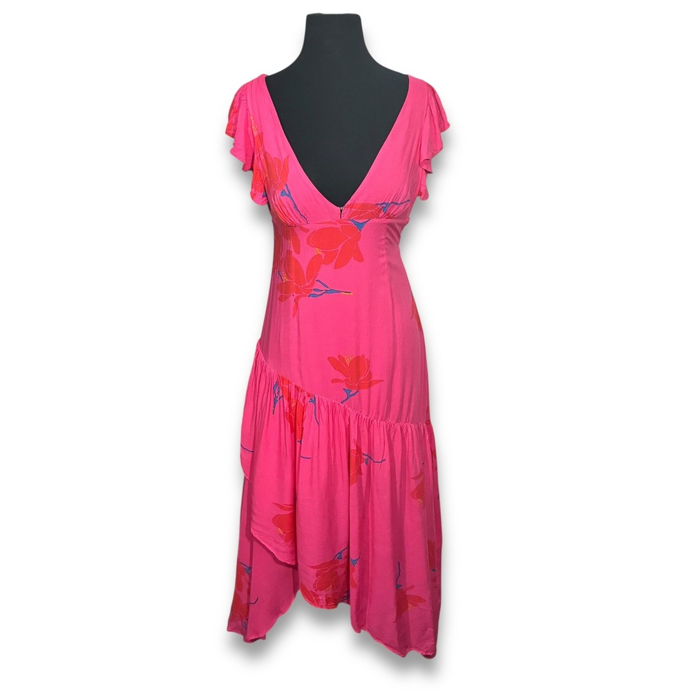 Free People Shes a Waterfall Dress Size‎ 0 Hot Pink Floral Ruffle Sleeve Midi